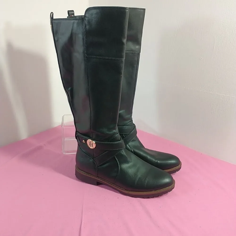Tommy Hilfiger Womens SZ 9.5M Black Leather Knee-High Riding Boots With Zipper .